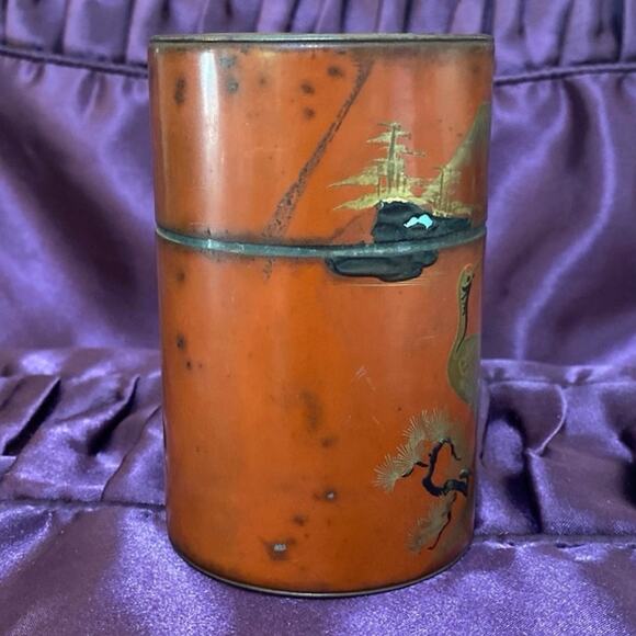 Red Orange Lacquered Asian Japanese Tea Canister Tin Crane FAIR CONDITION READ - Picture 4 of 11